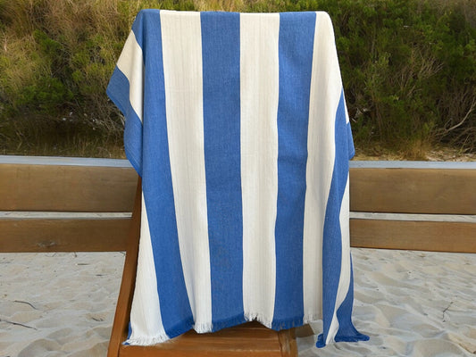 Smyrna Cabana Stripe Blue White Hand Woven Beach  and Bath Towel,Perfect Gift for Spoiling Your Loved Ones!Comes with Free Cotton Carry Bag!