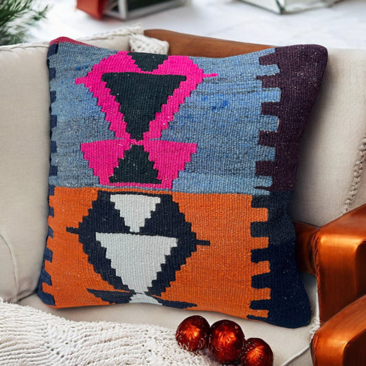 Kilim Pillow Cover | Unique Handwoven Vintage 16x16 Decorative Cushion